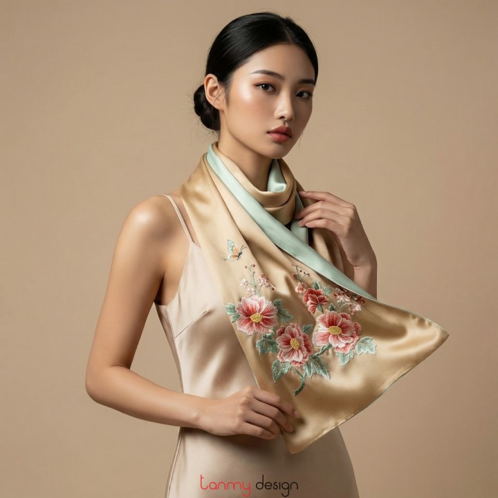 Khăn lụa 2 mặt kem thêu hoa và lá 55*200 cm